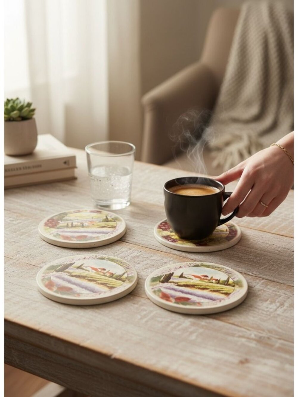Set Of 4 Ceramic Coasters W/Vineyard & Countryside Landscape Design Cork Backing